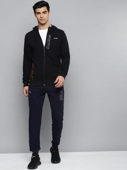 Alcis Men Black Solid Hooded Sweatshirt with Printed Details