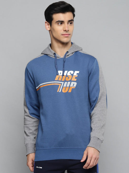Alcis Men Blue & Orange Typography Printed Cotton Hooded Sweatshirt