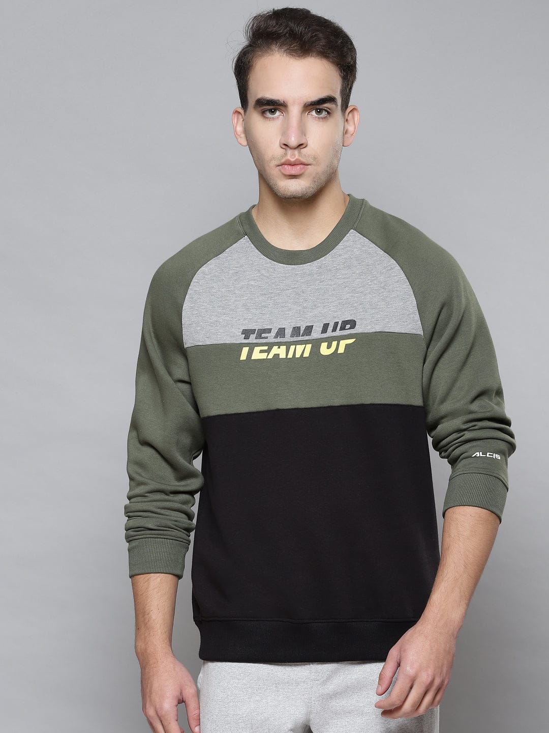 Alcis Men Black Olive Green Colourblocked Round Neck Sweatshirt with Print Detail