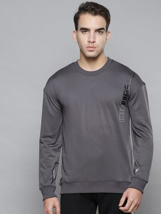 Alcis Men Grey Solid Round Neck Sweatshirt with Print Detail