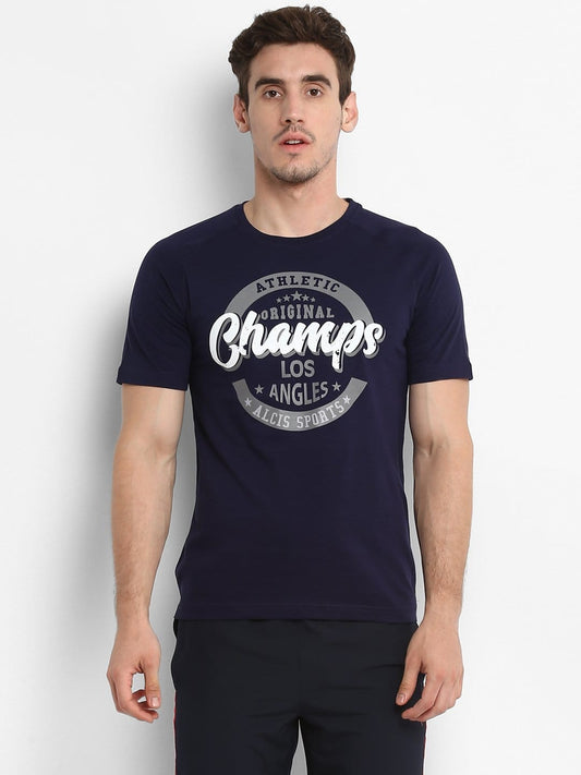 Alcis Men Navy Blue Printed Round Neck T-shirt