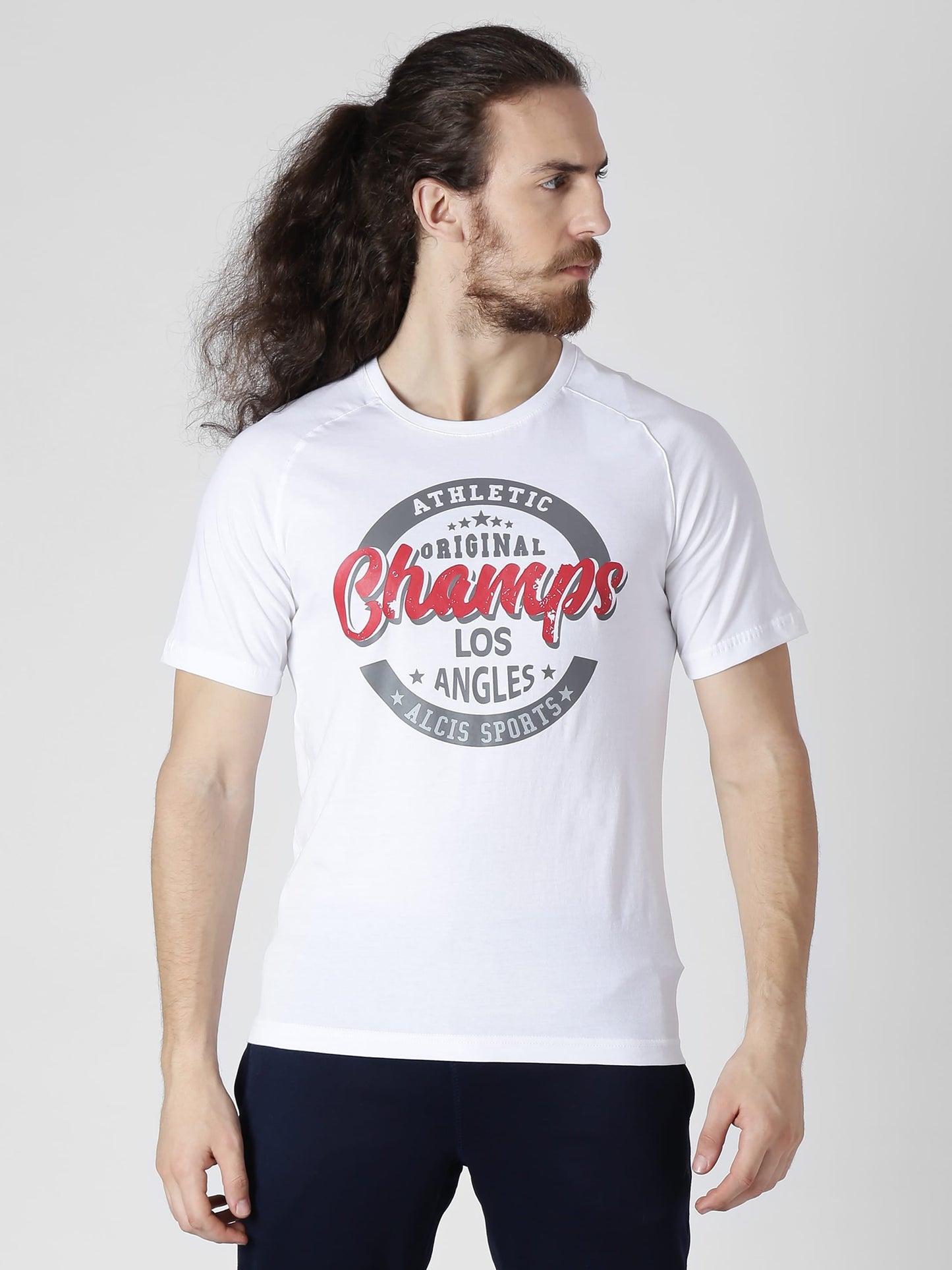 Alcis Men White Printed Round Neck Slim Fit T-shirt