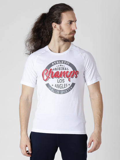 Alcis Men White Printed Round Neck Slim Fit T-shirt