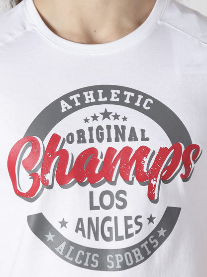 Alcis Men White Printed Round Neck Slim Fit T-shirt