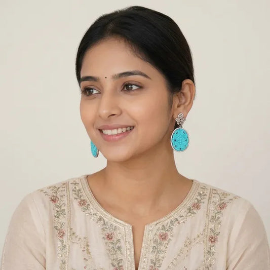 Turquoise And Silver Stone Oval Drop Earrings For Women