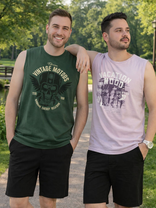 Plus Size Men's Maroon and Teal Printed Cotton Sleeveless Innerwear Vest T-Shirt-Pack of 2