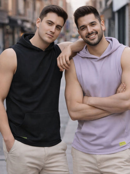 Plus Size Kangaroo Pocket Mens Black and Maroon Sleeveless Hooded T-Shirt Vest-Pack of 2