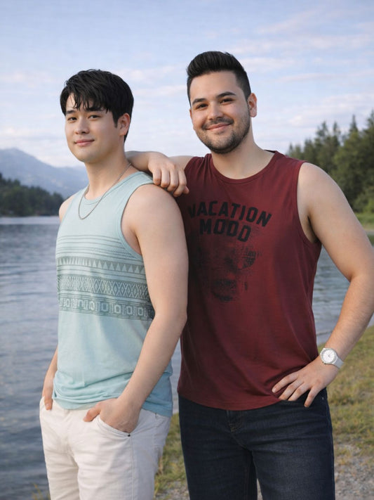Combo Plus Size Pack Of 2 Mens Mint and Light Purple Printed Cotton Sleeveless Vest T-Shirt