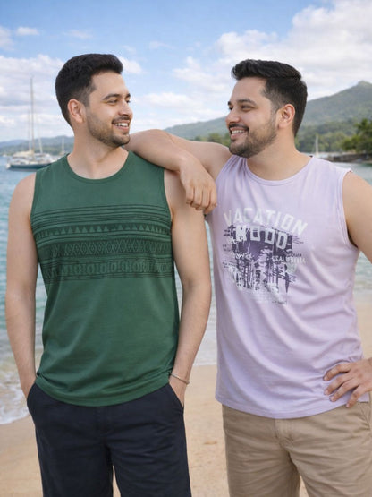 Plus Size Pack Of 2 Printed Drymove Men's Green and Maroon Cotton Sleeveless Vest T-Shirt Combo