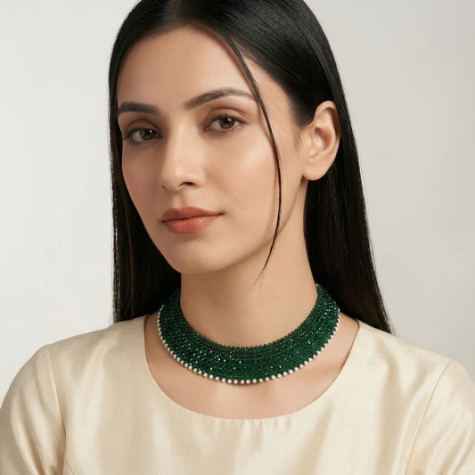 Green Beaded Pearl Trim Multi Row Choker Necklace For Women