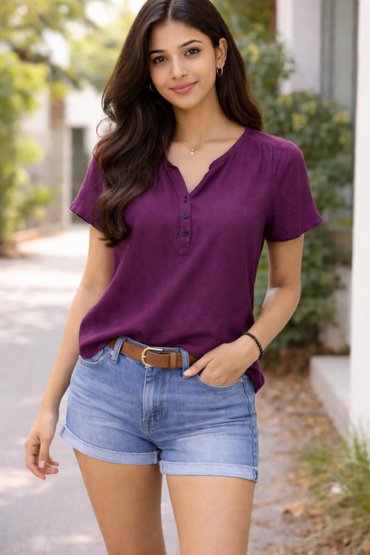 Wine Half Sleeve Rayon Top