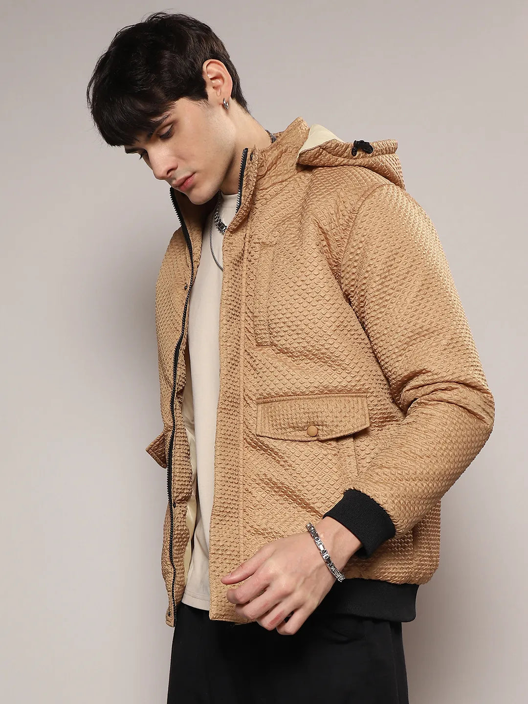 Self-Design Diamond Puffer Jacket With Fleece Hood