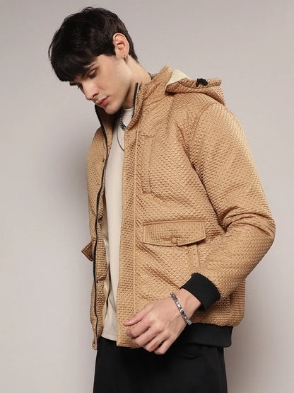 Self-Design Diamond Puffer Jacket With Fleece Hood