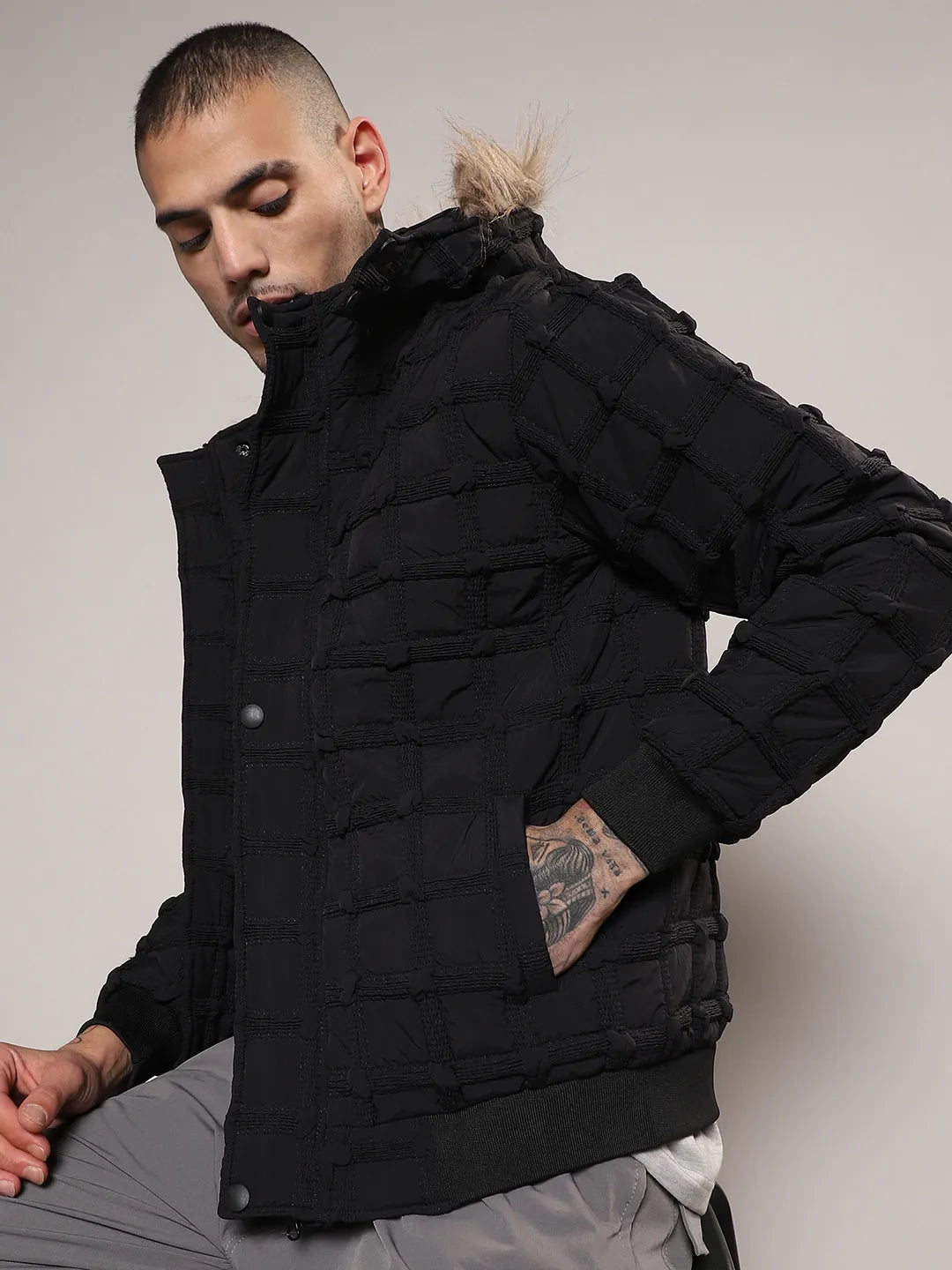 Self-Design Puffer Jacket With Fleece Hood