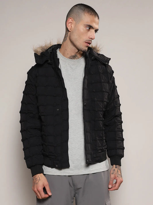 Self-Design Puffer Jacket With Fleece Hood