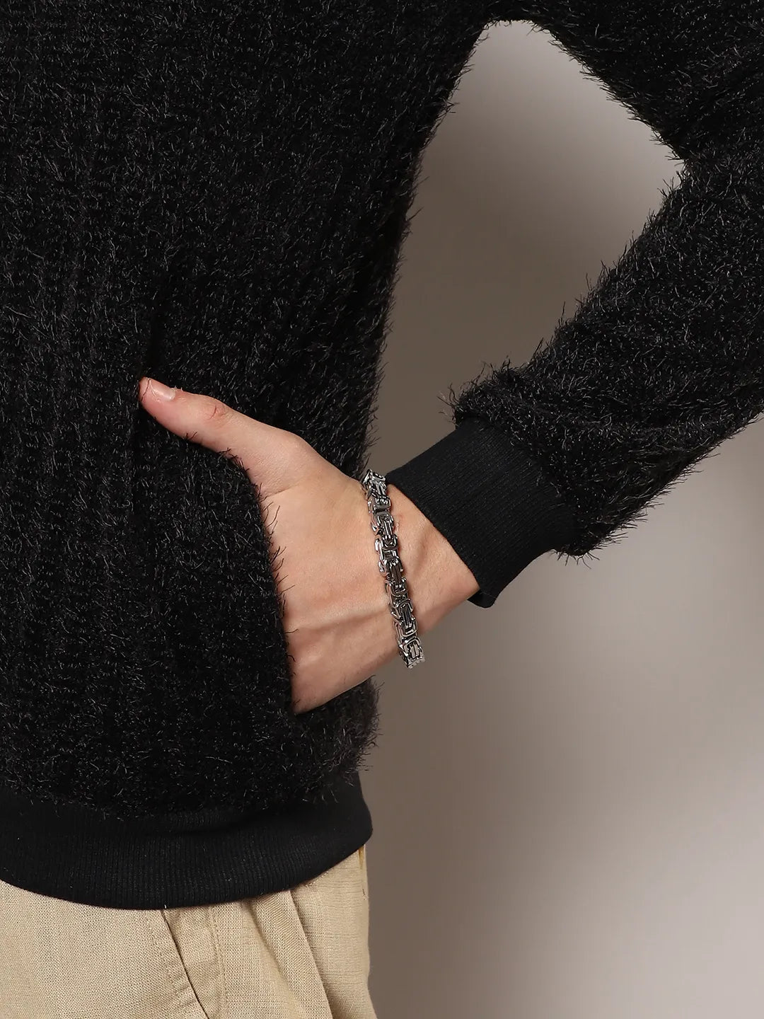 Men Carbon Black Self-Design Striped Sweater