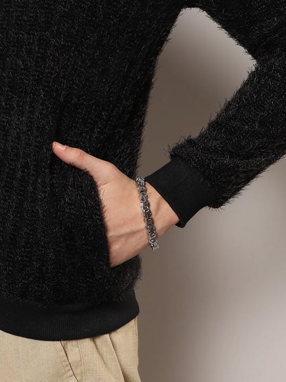 Men Carbon Black Self-Design Striped Sweater