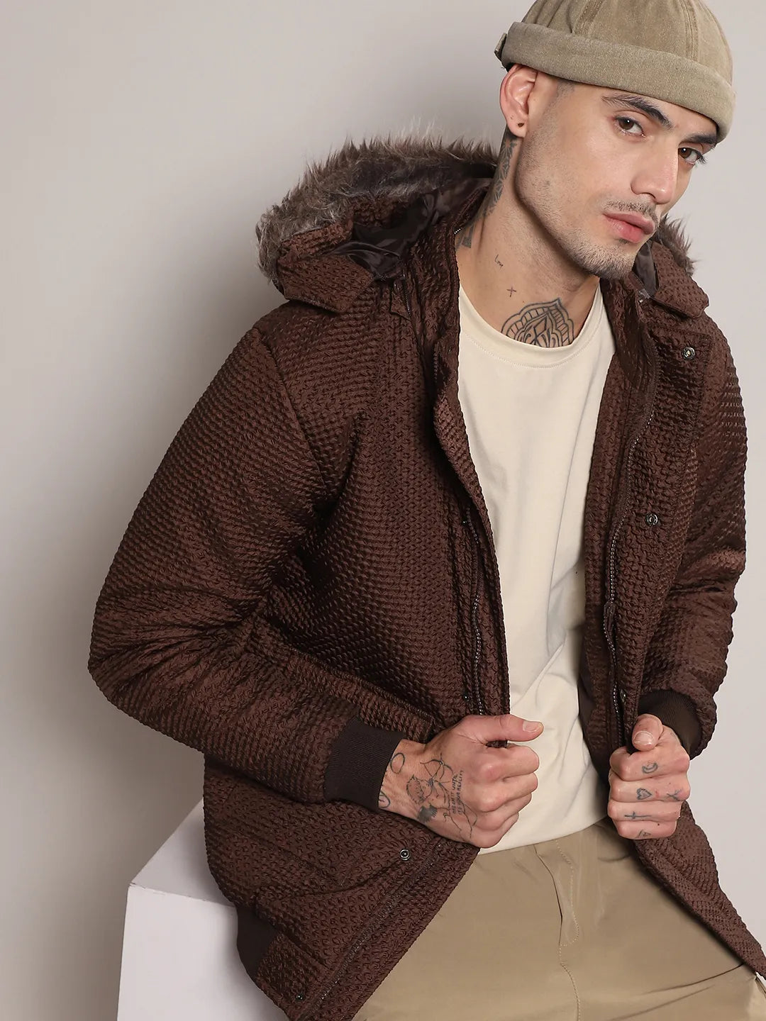 Self-Design Diamond Puffer Jacket With Fleece Hood