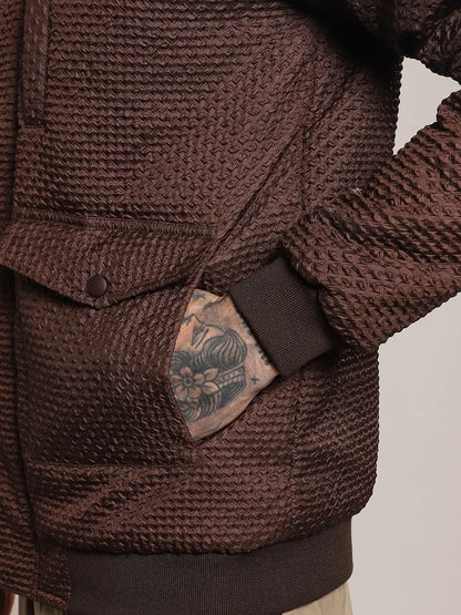 Men Chocolate Brown Self-Design Diamond Puffer Jacket With Fleece Hood