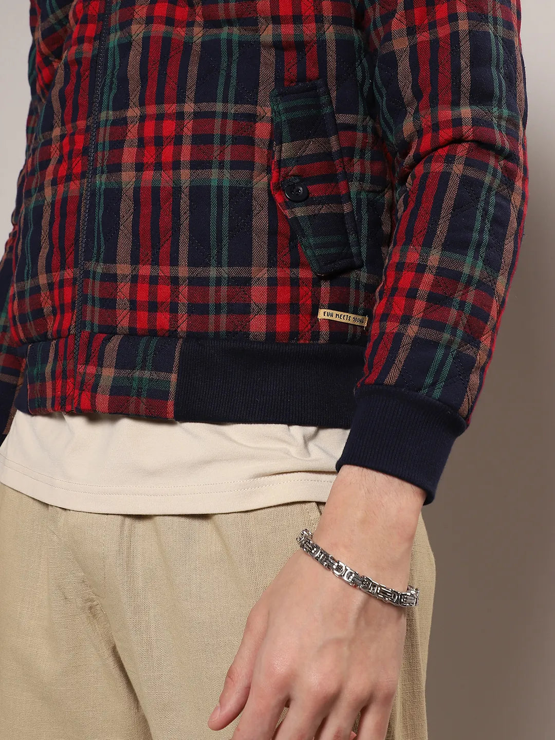 Men Crimson Red Tartan Plaid Bomber Jacket