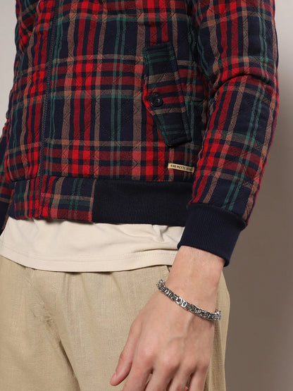 Men Crimson Red Tartan Plaid Bomber Jacket