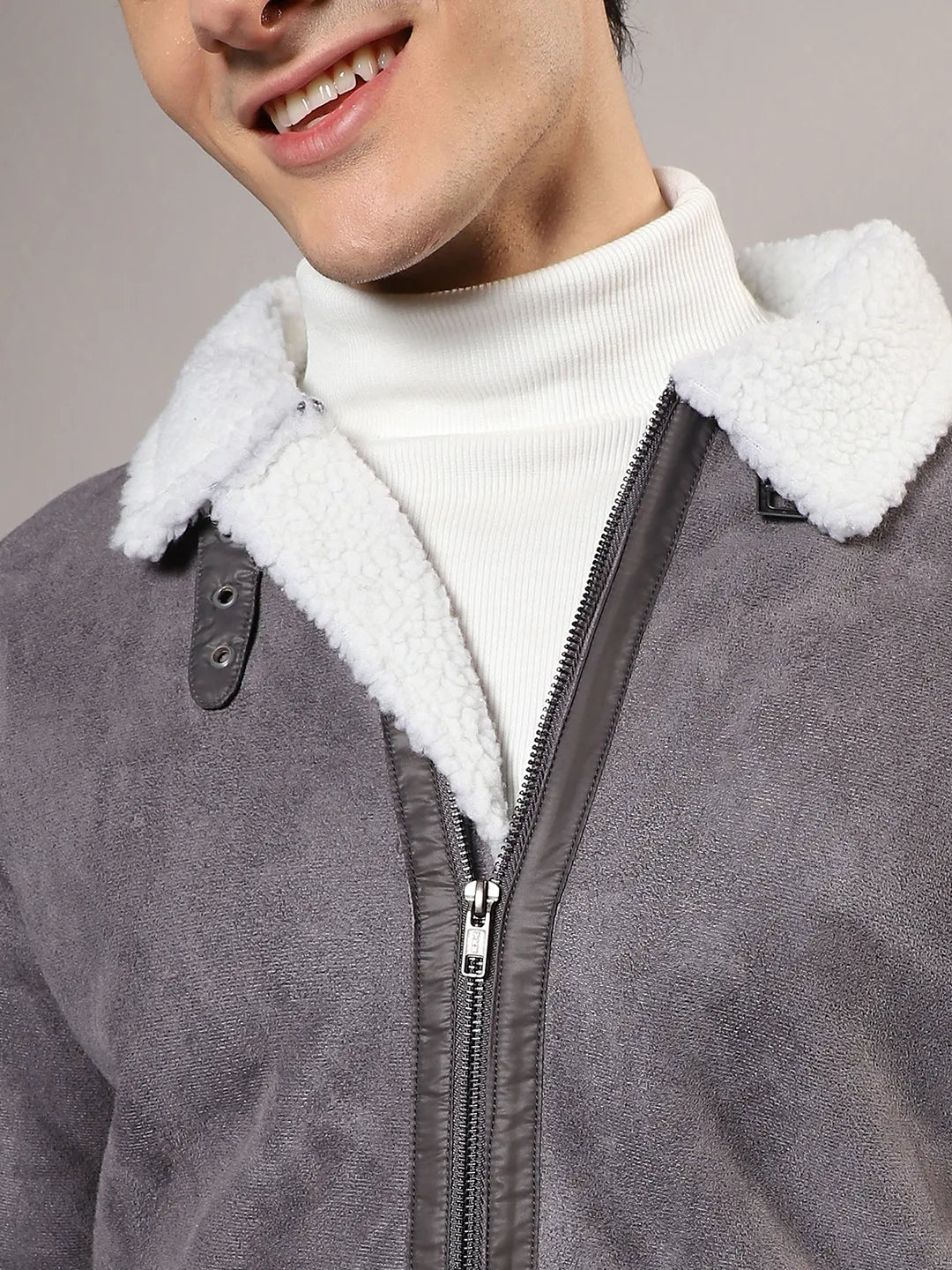 Men Moon Grey and Chalk White Fleece Lined Biker Jacket