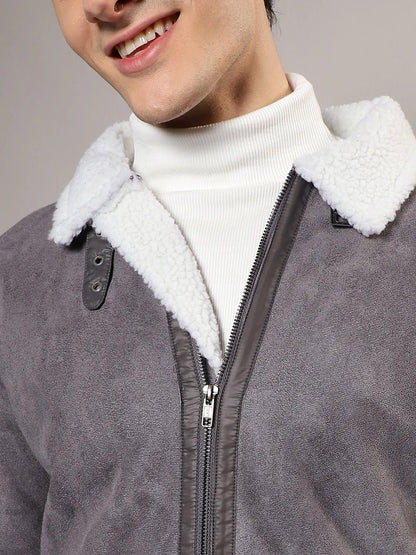 Men Moon Grey and Chalk White Fleece Lined Biker Jacket