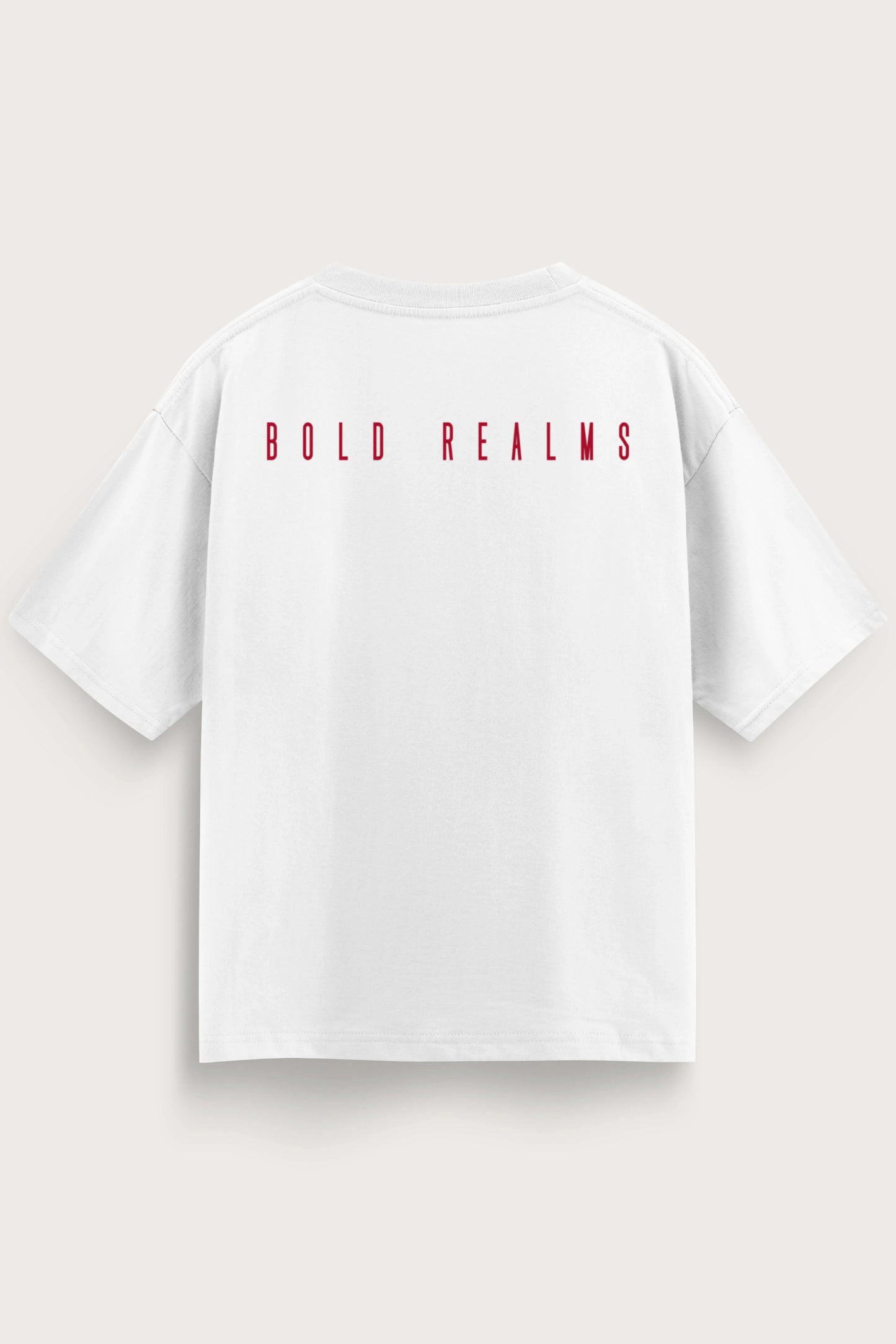Men oversized white shirt bold realms back