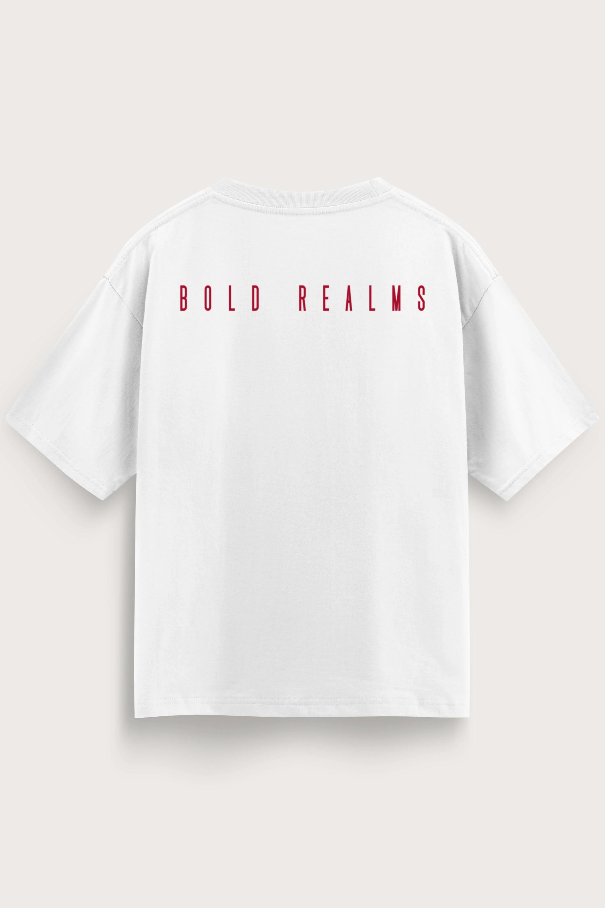 Men oversized white shirt bold realms back