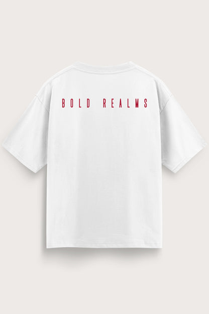 Men oversized white shirt bold realms back