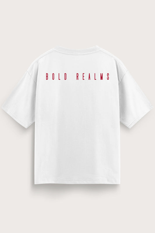 Men oversized white shirt bold realms back