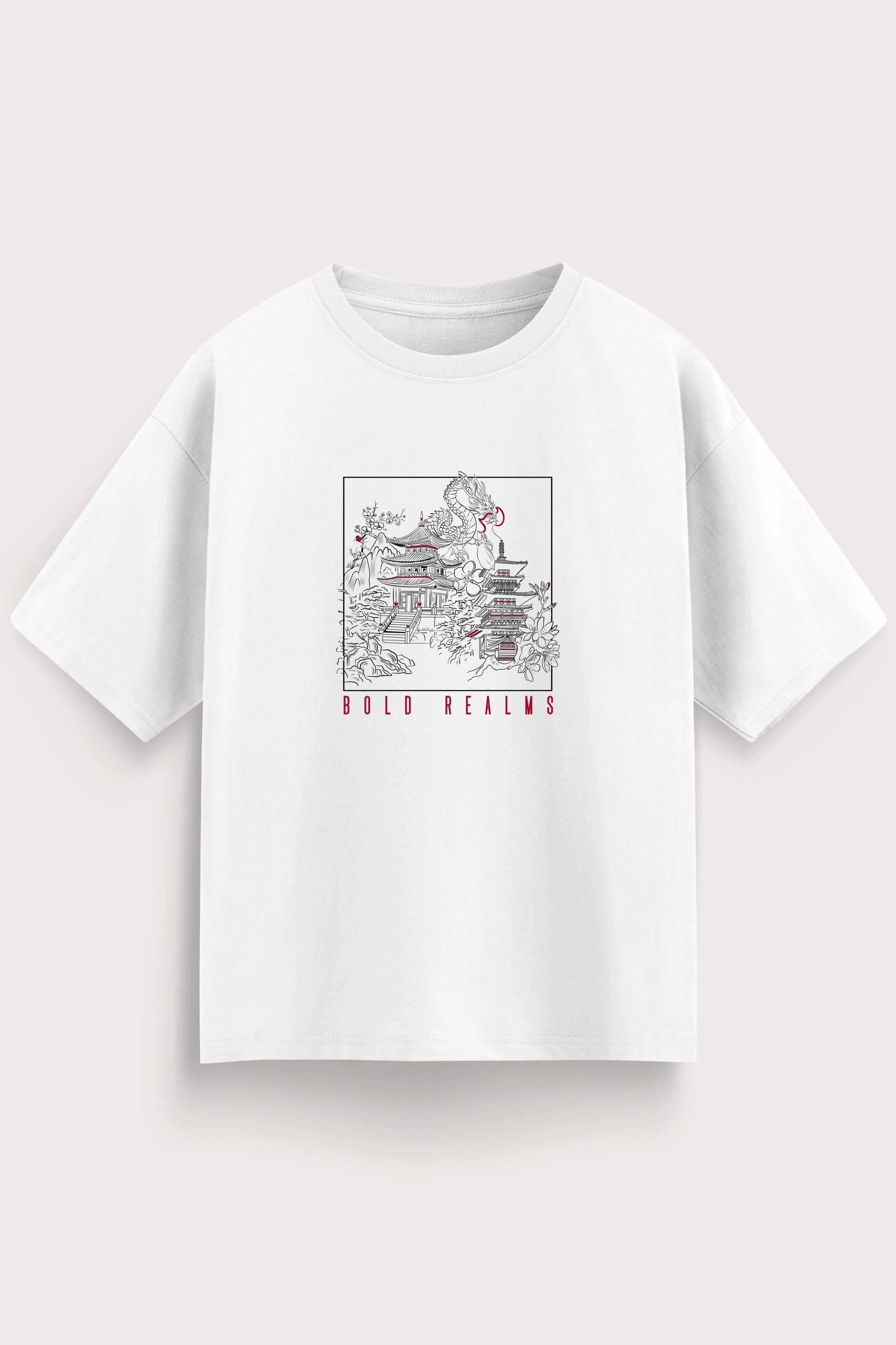 Men oversized white shirt bold realms front