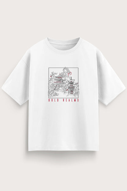 Men oversized white shirt bold realms front