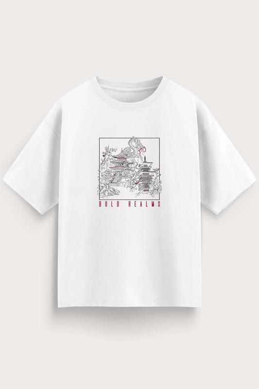 Men oversized white shirt bold realms front