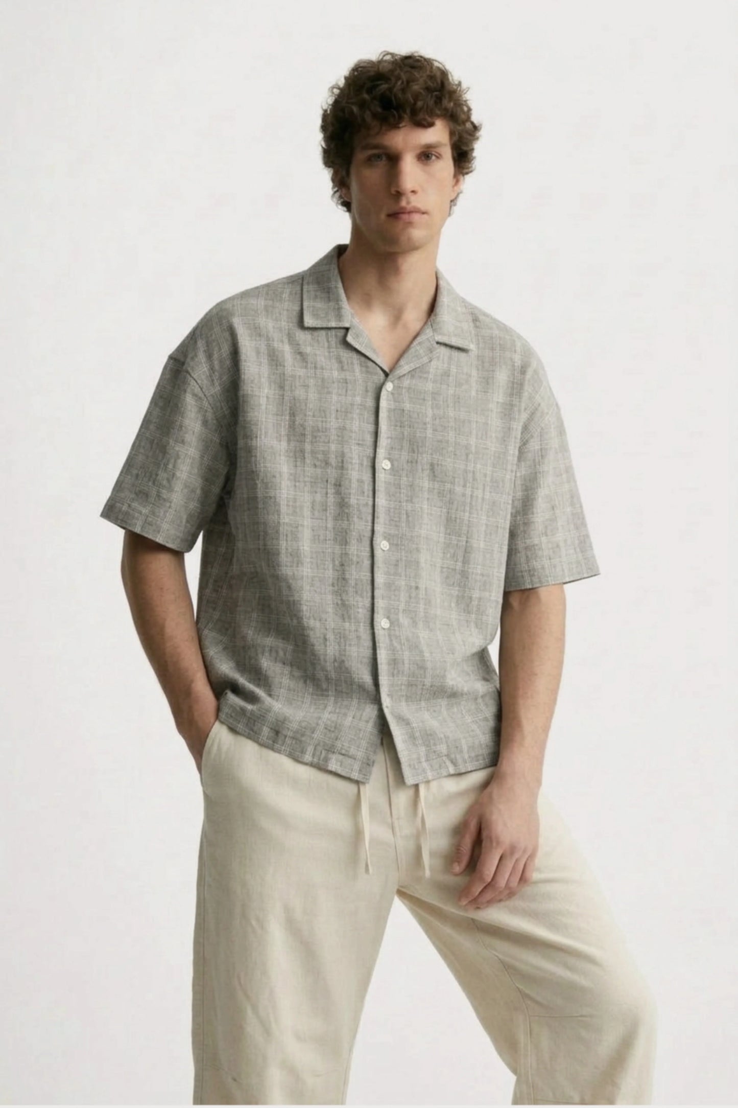 Men’s grey checked loosefit camp collar cotton shirt