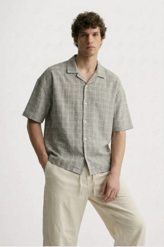 Men’s grey checked loosefit camp collar cotton shirt
