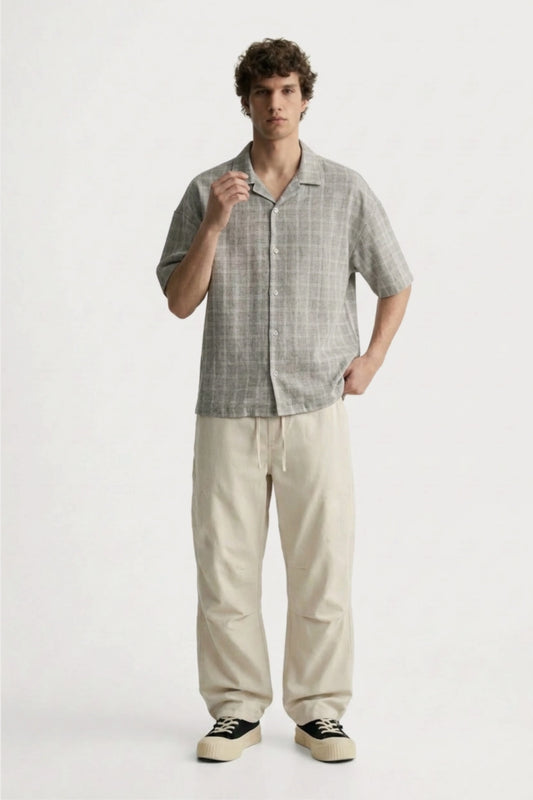 Men’s grey checked loosefit camp collar cotton shirt