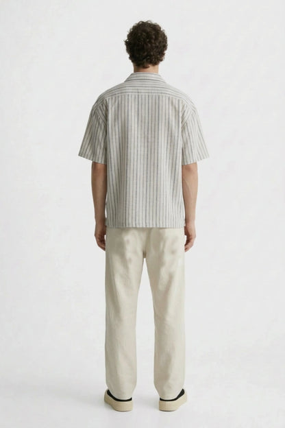 Men’s grey striped loosefit camp collar cotton shirt
