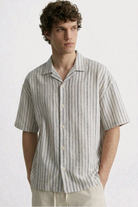 Men’s grey striped loosefit camp collar cotton shirt