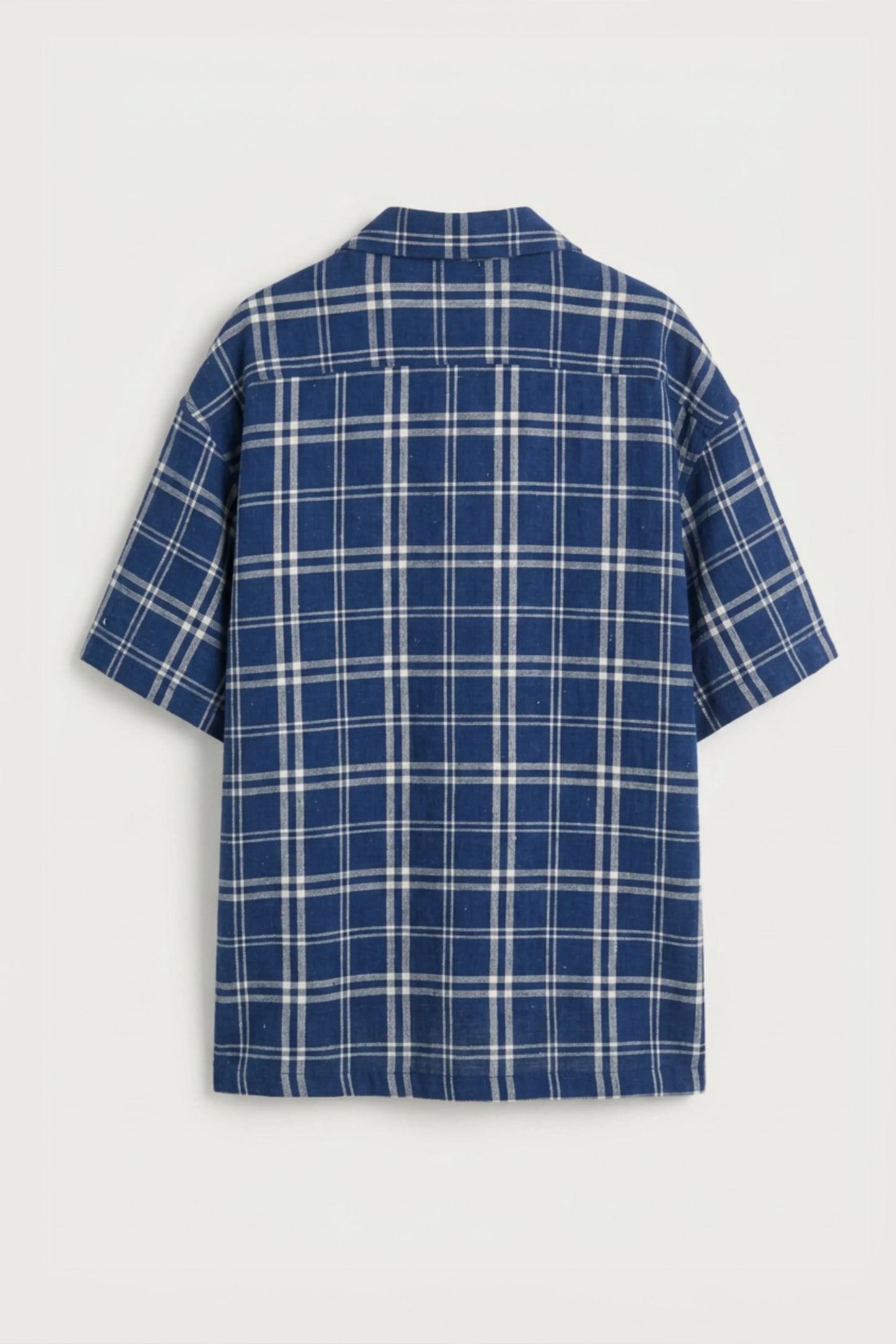 Men’s navy blue checked loosefit camp collar cotton shirt
