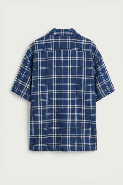 Men’s navy blue checked loosefit camp collar cotton shirt