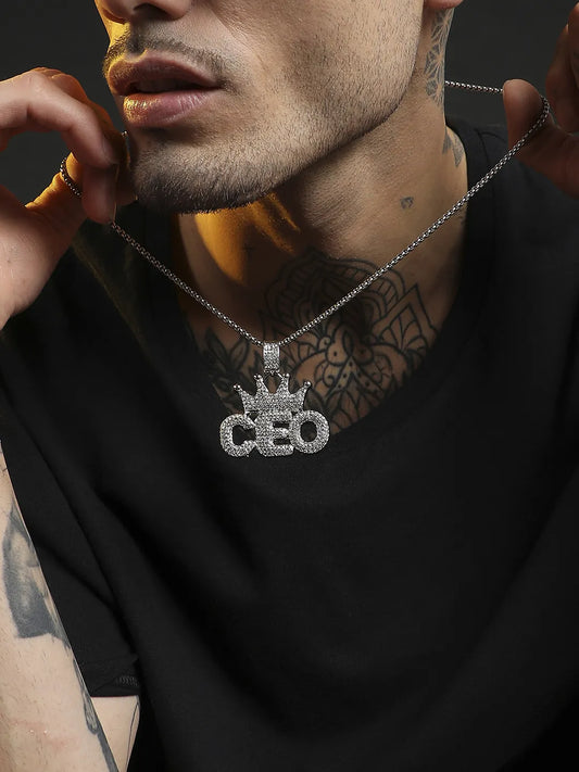 Mens-Crown-CEO-Pendant-Necklace-Silver
