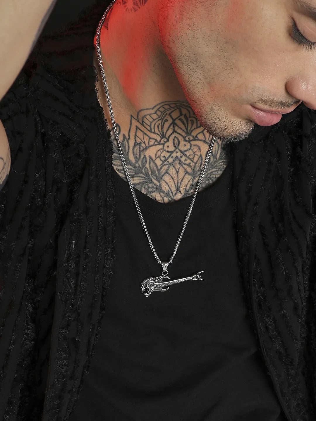 Demon Guitar Pendant with Chain - Silver