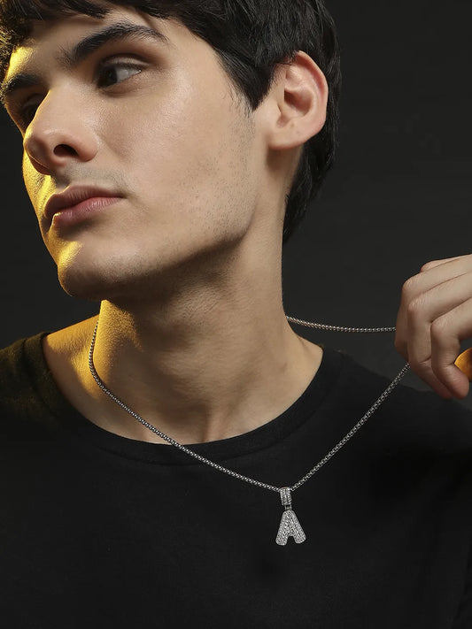 Embellished A Alphabet Pendant with Chain - Silver