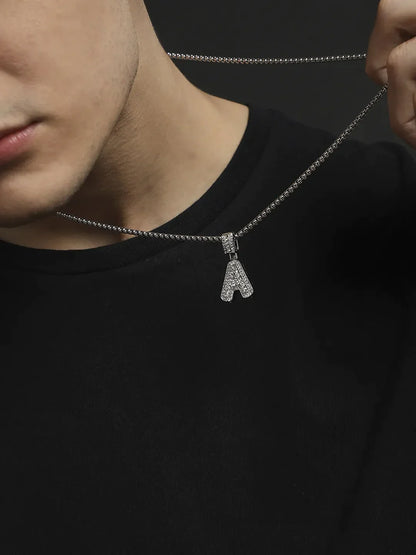 Mens-Embellished-A-Alphabet-Pendant-Necklace-Silver