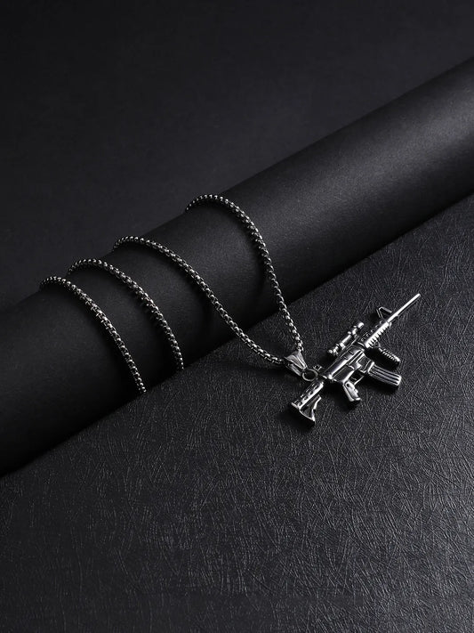 Rifle Gun Pendant with Chain - Silver