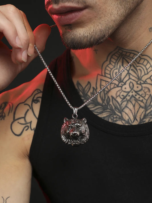 Tiger Pendant with Chain - Silver