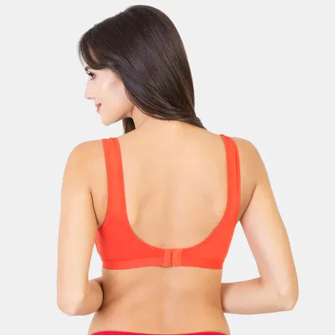 Non-padded non-wired full coverage sports bra for women in red grey melange