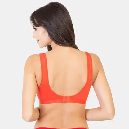 Non-padded non-wired full coverage sports bra for women in red grey melange
