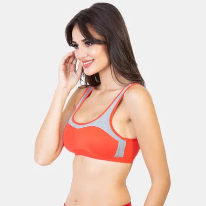 Non-padded non-wired full coverage sports bra for women in red grey melange